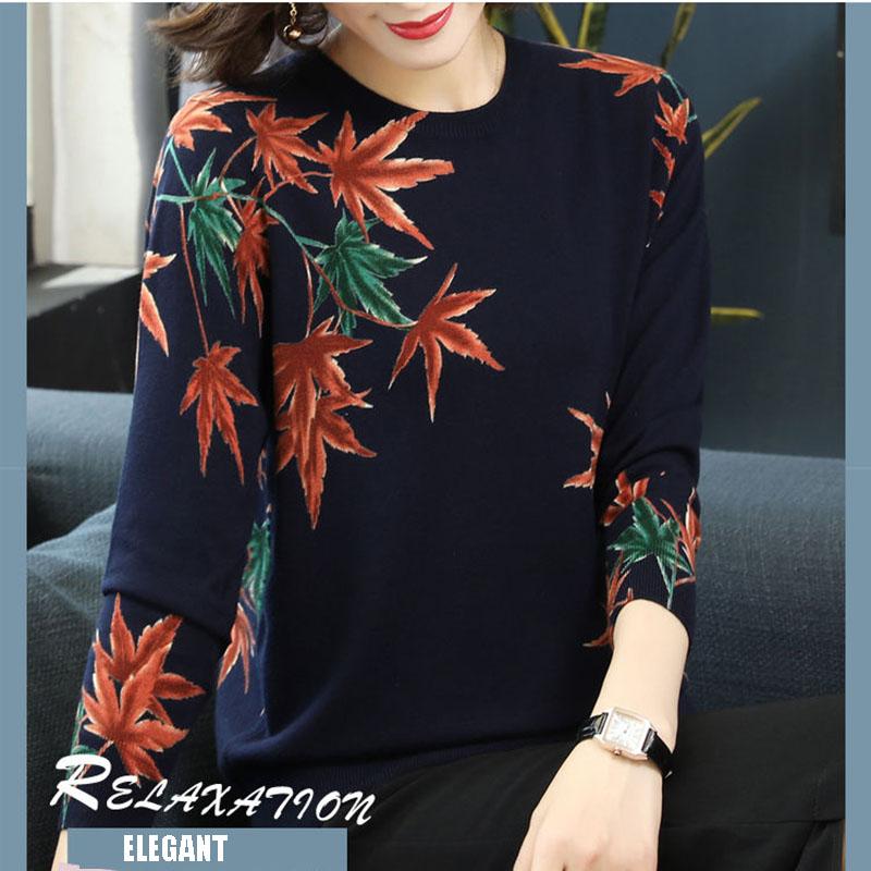 Maple Printed Sweater Women Casual Long Sleeve Pullover Elegant Street wear O-neck Jumper Loose Knitted Woolen Sweater