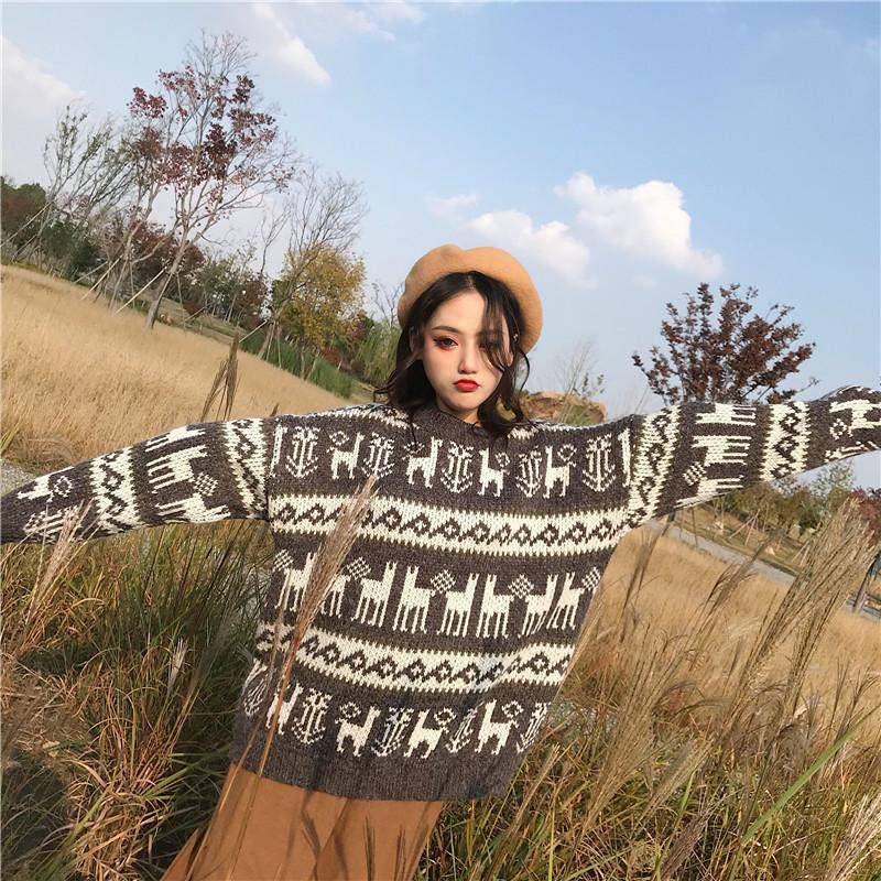 Vintage women christmas sweaters loose mid-length pullover thickened O-neck Fawn printing sweater