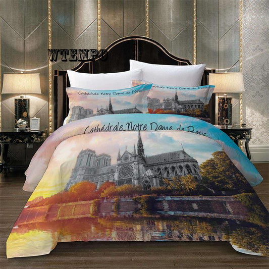 3pcs Duvet Cover Sets 3D Gold Silk Embroidery Notre Dame De Paris  Bedding Set Bedding Bedclothes