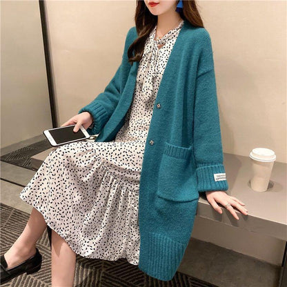 Autumn and Winter Casual Mid-length Sweater Loose Long-sleeved Pocket Cardigan