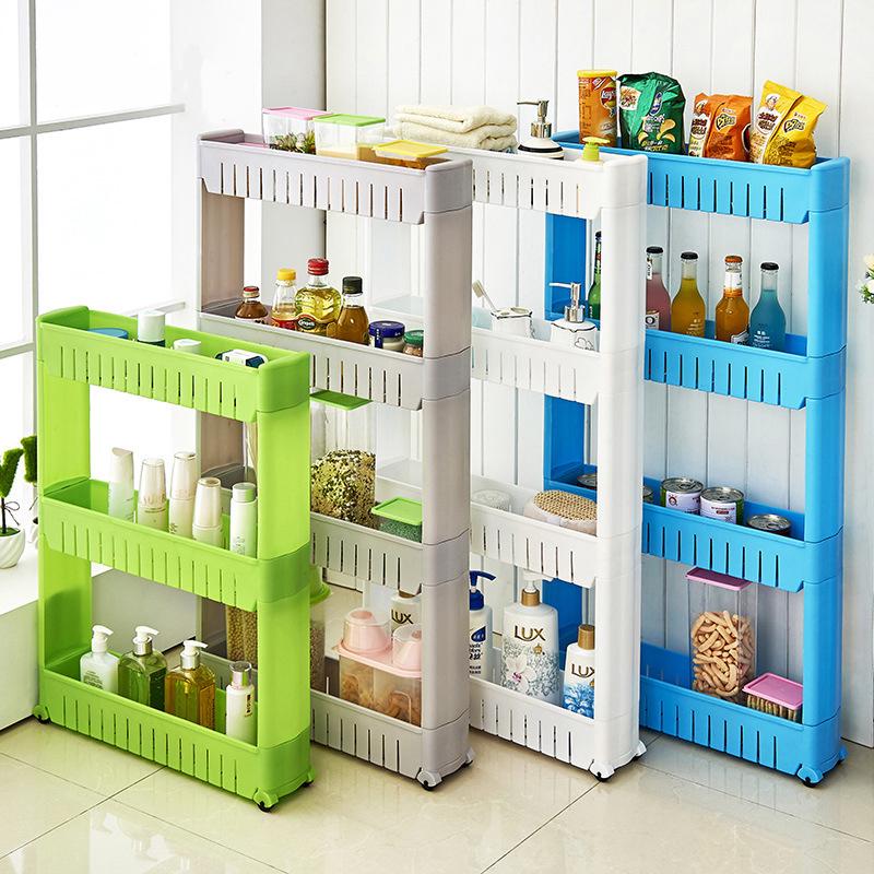 4-Tier Gap Kitchen Storage Rack Shelf Slim Slide Tower Movable Assemble Wheels Kitchen Remodeling