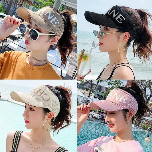 Embroidered Empty Top Peaked Cap Women's Summer Sunscreen Protective Hat Anti-UV Outdoor Leisure Sports Baseball Cap Solid Color