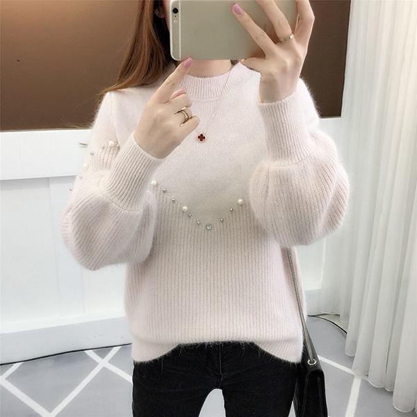 Half Turtleneck Beaded Sweater Autumn and Winter Thick Solid Color Bottoming Shirt Korean Loose Long-sleeved Sweater