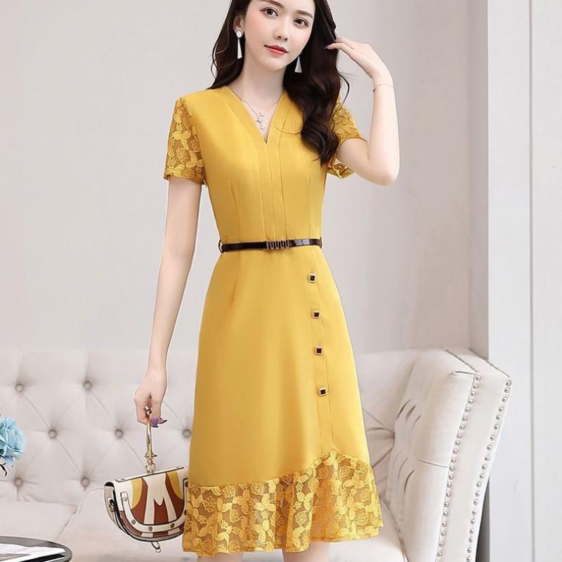 2021 Summer New Dresses Female Large Size Long Western-style Mother Summer Dress Waist Lace Stitching A-line Skirt