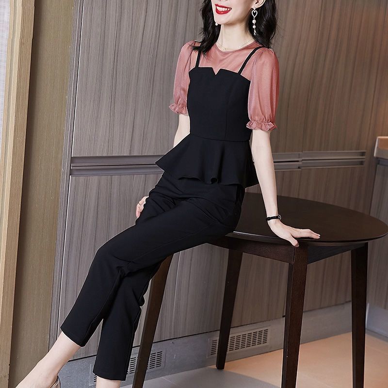 Suit Women Xia Xian Thin Chiffon Shirt Pants Short-sleeved Stitching Top Casual Temperament Two-piece Chiffon Fabric Light and Breathable