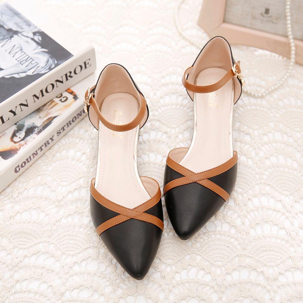 Baotou Sandals Female 2020 Spring and Summer Word Buckle Thick Heel with Wild Matching Color Matching Korean Pointed Single Shoes Women