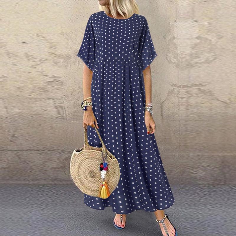 Four Colors Women Round Neck Short Sleeve Polka Dot Dress Casual Summer Long Dresses Lady Dresses