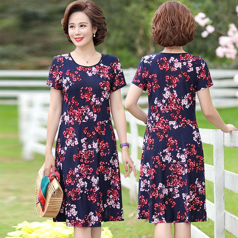 Round Neck Floral Dress Loose Large Size Slimming Women's Dress Short Sleeve Long Skirt Slimming Skirt Fabric Light and Breathable