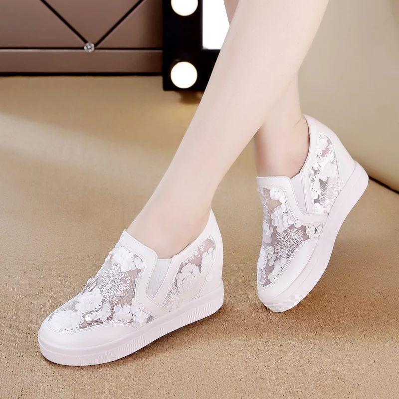 Women's Wedge Sneakers Casual Increased Hollow Breathable Mesh  Sequins Sneakers Women's Platform  Shoes