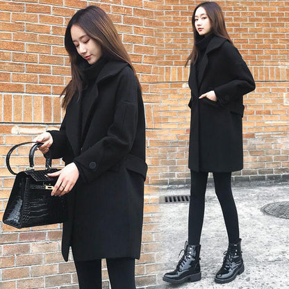 Cotton Thickened Mid-length Woolen Coat Autumn and Winter Loose and Thin Black Woolen Coat