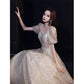 Rose Gold Sequin Evening Dress for Women Used To Be Very Elegant A-line V-neck Cap Sleeve Long Tulle Wedding Evening Dress