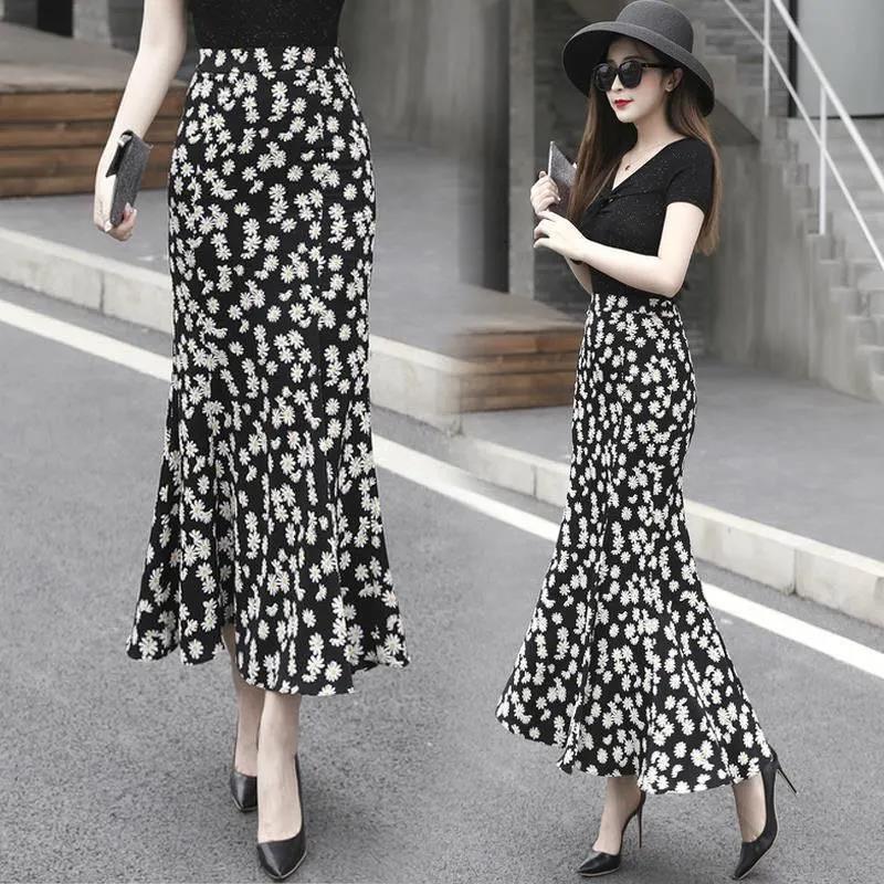 Small Daisy Slit Fishtail Skirt Floral Half-length Skirt Female Summer High Waist A-line Bag Hip Long Skirt Chiffon Bag Hip Slit Skirt / Bag Hip Skirt