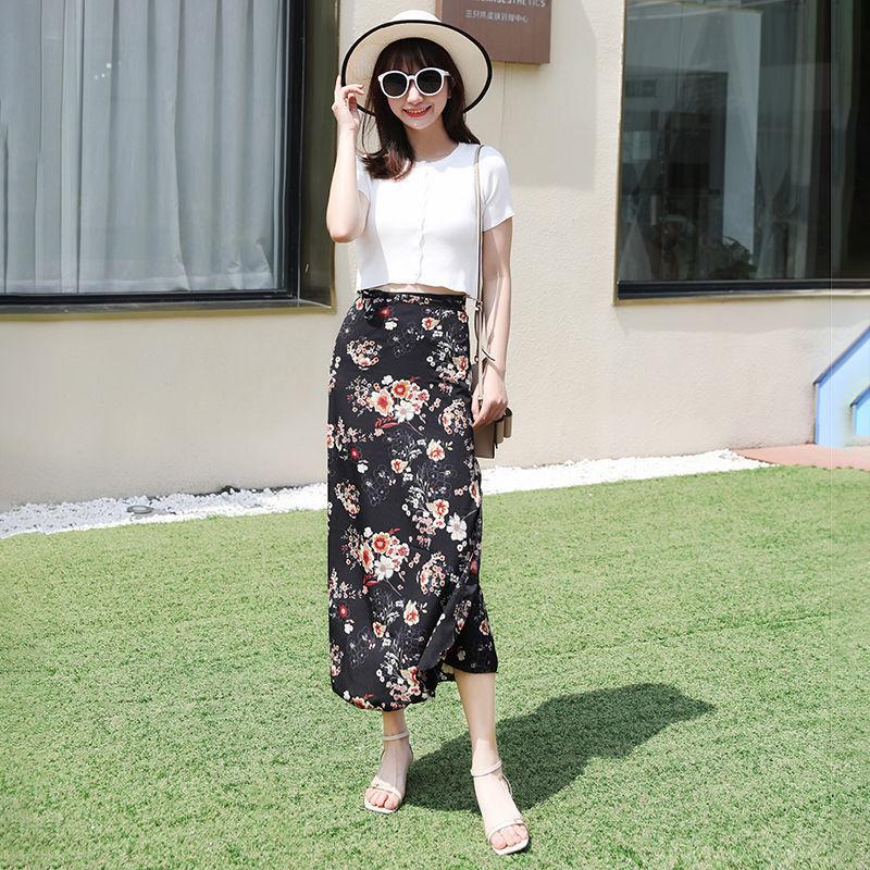 Spring and Summer Half-length Skirts Women's Wrap Skirts Cool Floral One-piece Split Sunscreen Beach Skirt Thin Mid-length A-line Skirt Floral Skirt