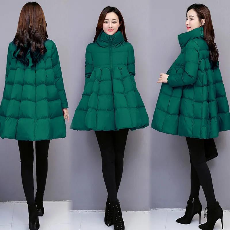 Large Size Cotton-padded Jacket Women's Cloak Cotton-padded Jacket A-line Temperament Korean Version of The Wild Thick Padded Jacket Mid-length