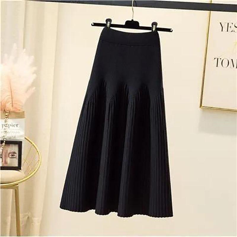 Autumn and Winter Ladies Mid-length All-match A-line Knitted Skirt Is Thin and Pleated Skirt