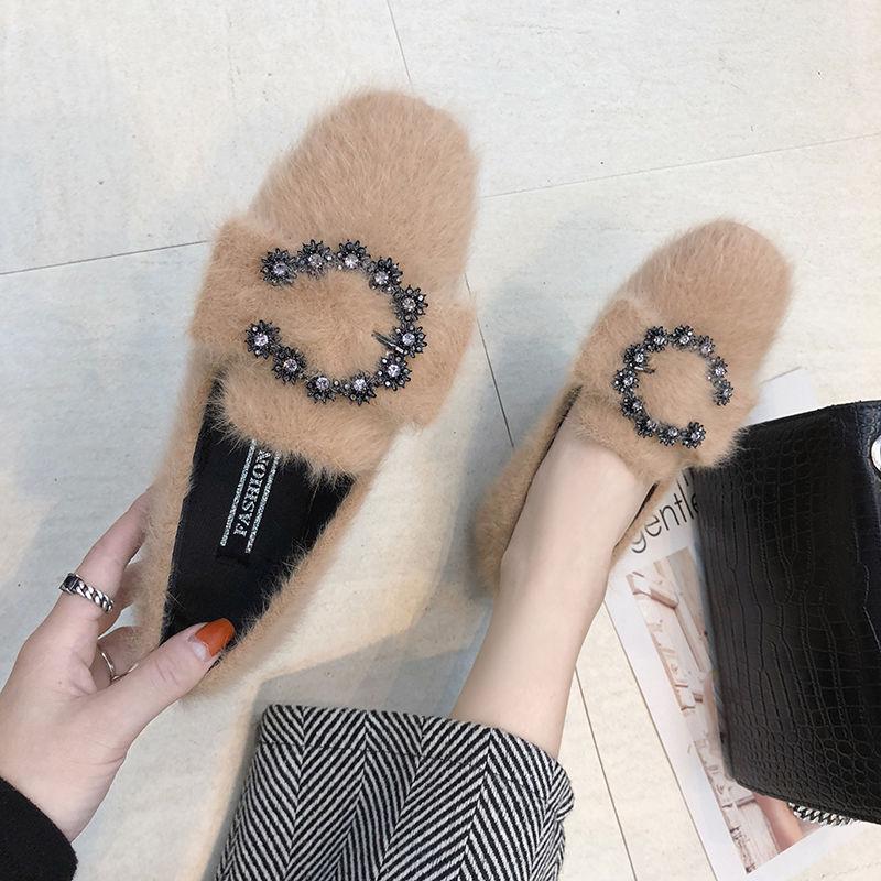 Peas Shoes Women Wild Furry Overshoes Women Casual Flat Single Shoes Furry Shoes Ladies Temperament Moccasin Shoes