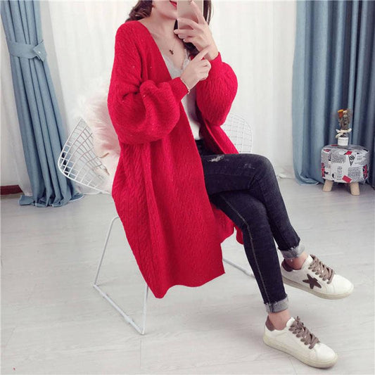 Autumn and Winter Casual Thick Sweater Knitted Cardigan Loose Top Mid-length Solid Color Women's Jacket