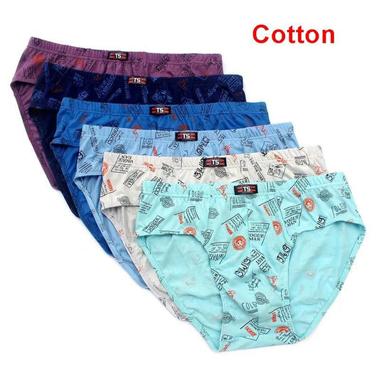 6 Packs of Men's Cotton Underwear, Mid-waist, Large-size Printed Briefs, Suitable for Young and Middle-aged Men