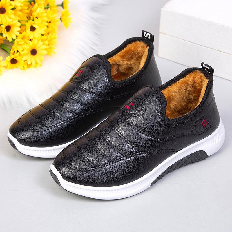 Winter Cotton Shoes Women's Leather Waterproof Plus Velvet Mother Shoes Flat Non-slip Warm Middle-aged and Elderly Short Boots