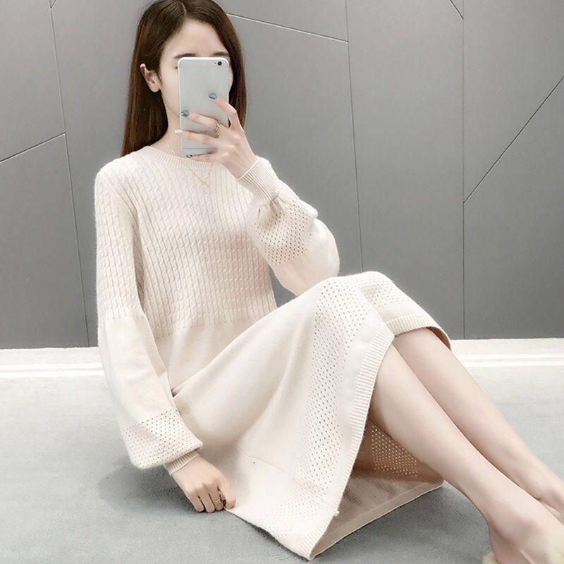 Knit Dress Women Autumn and Winter Loose Mid-length Over-the-knee Sweater Bottoming Tie Belt Slim-fit Sweater Dress Puff Sleeve Sweater