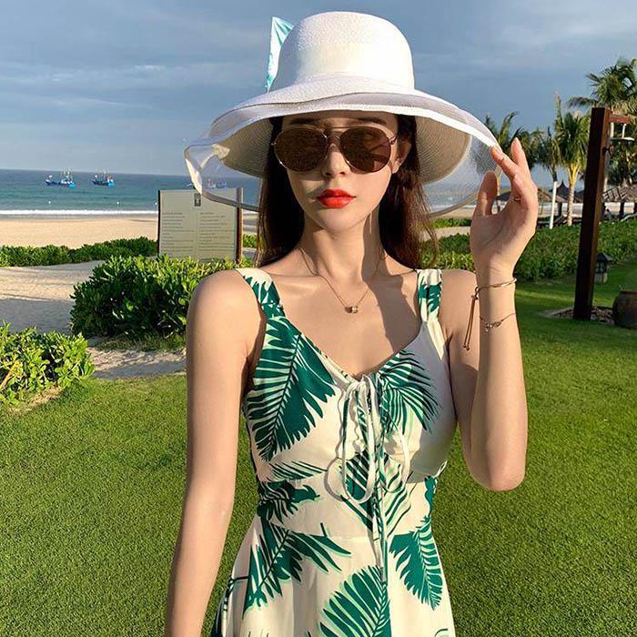 Pofulove Summer Women Green Leaf Sexy Dress Sun-dresses Sleeveless Below Knee Sleeveless Beach Dress