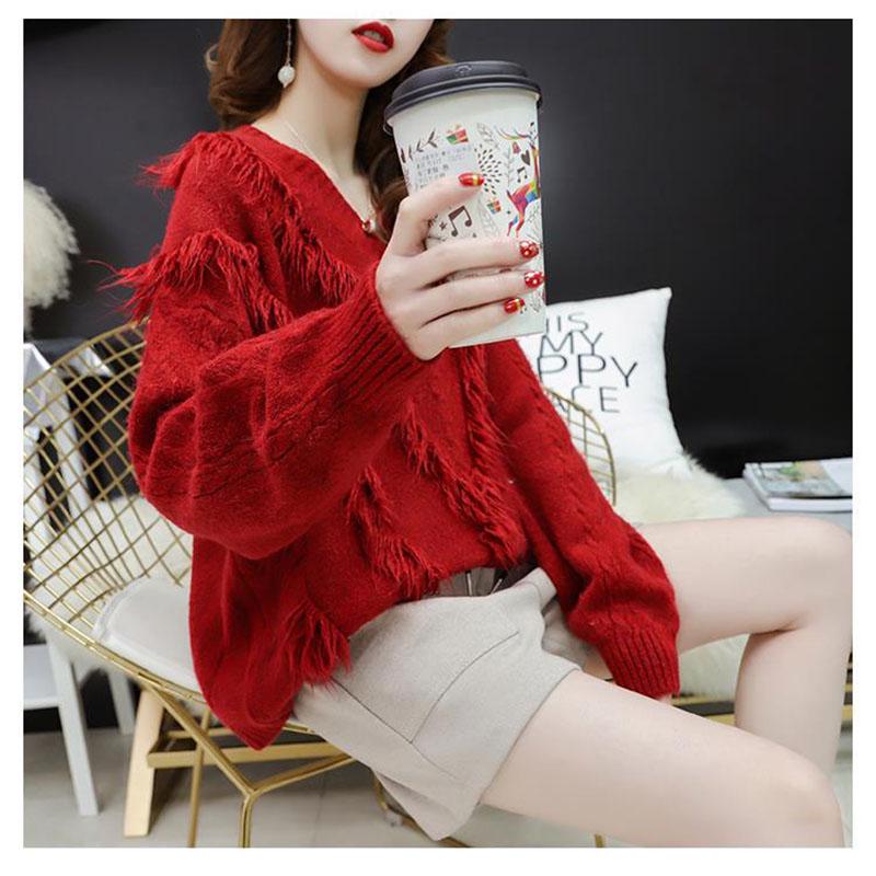 Sweater Women Red Loose Lazy Style V-neck Sweater Young Women Solid Color Fashion Top