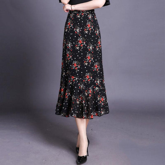 Women Fashion Florals Print Long Skirt Female Elastic High Waist Chiffon Casual Beach Skirts Summer