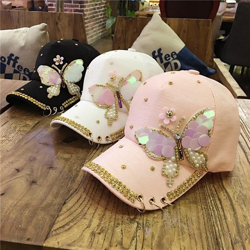 Women's Hat Spring Summer Butterfly Diamond-studded Baseball Cap Metal Three Rings Sun Hat Outdoor Sunshade Cap Hip Pop Ponytail Cap