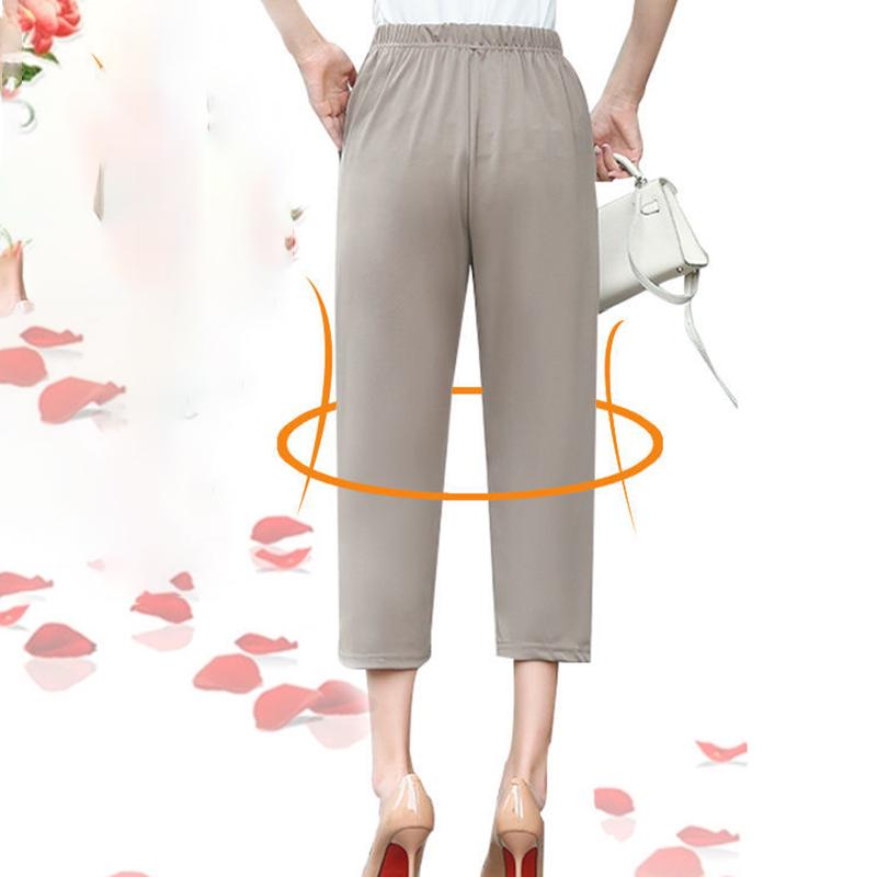 Summer Thin Stretch Mother Cropped Pants Elastic High Waist Loose Middle-aged and Elderly Women's Grandma Pants Hollow Casual Pants