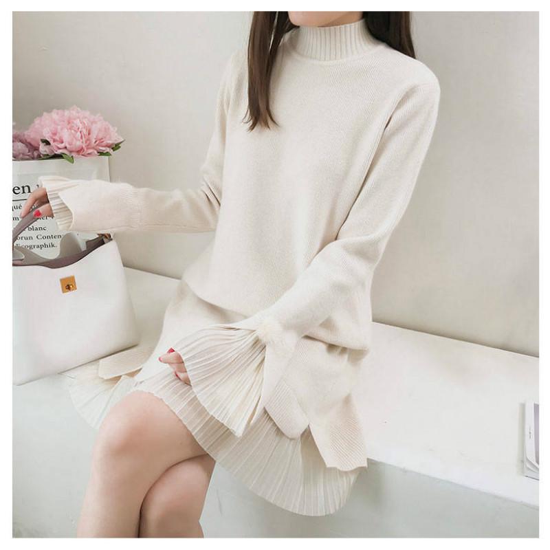 Pofulove Long Section Chiffon Bell Sleeve Sweater Dress Sweet Solid Color Jumper Knitwear Skirt