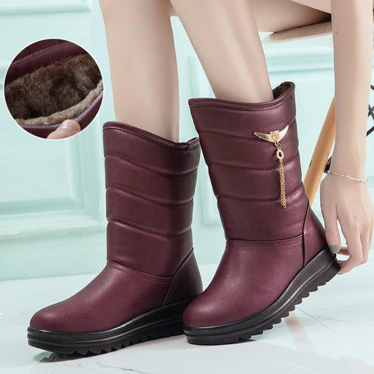 Women Boots Leather Mid Calf Plush Winter Warm Snow Boots Women Cotton Boots Botas Mujer