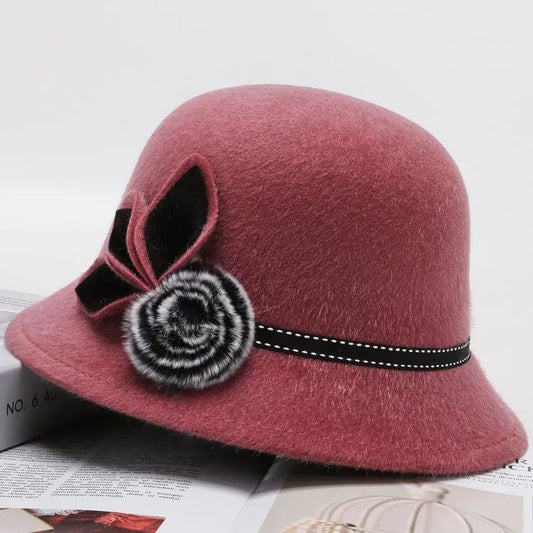 Women's Elegant Flower Wool Blend Hat Autumn and Winter Basin Hat Thickened Middle-aged Mother Fisherman Hat Middle-aged and Elderly Hat