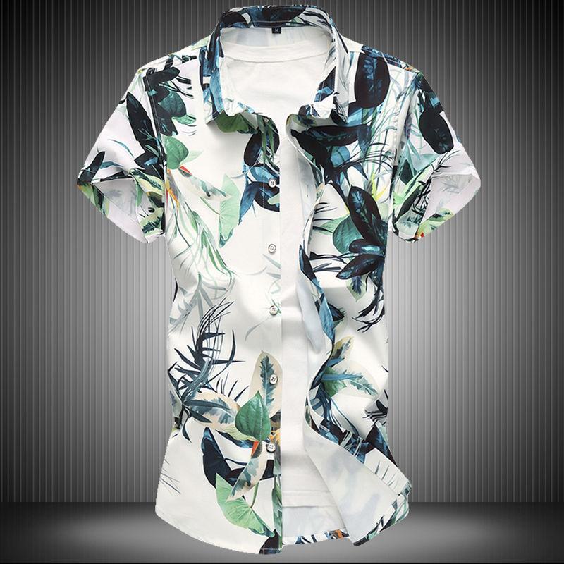 Summer Men's Short-sleeved Floral Shirt Stretch Digital Printing Plus Fertilizer To Increase Youth Casual Short-sleeved Floral Shirt