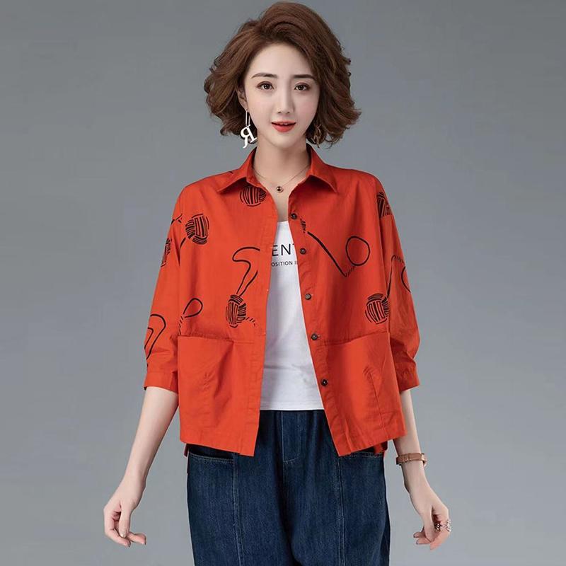 Cotton Shirt Women's Autumn Women's Short Thin Outer Suit Loose Casual Printed Shirt