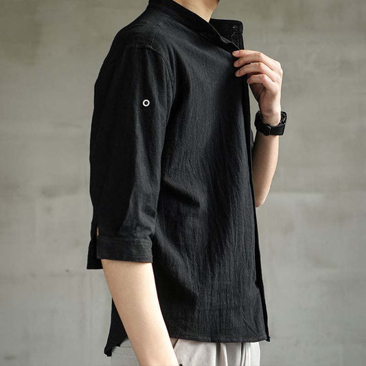 Men's Shirt Summer Casual Linen Long-sleeved Stand-up Collar Shirt Youth Three-quarter Sleeves Middle-sleeved Thin Shirt