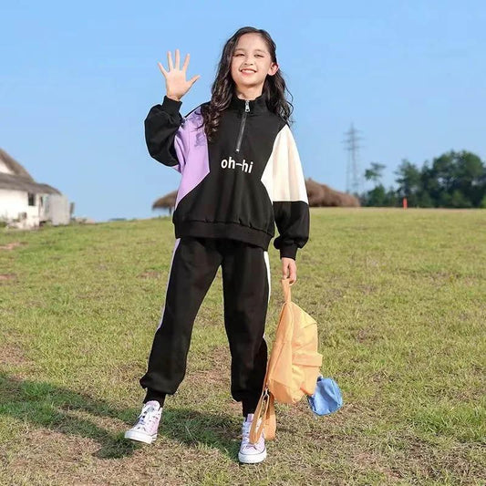 Children's Clothes Girls Spring and Autumn Clothes Letter Printing Contrast Color Pullover Sweater Two-piece Casual Long-sleeved Sports Suit