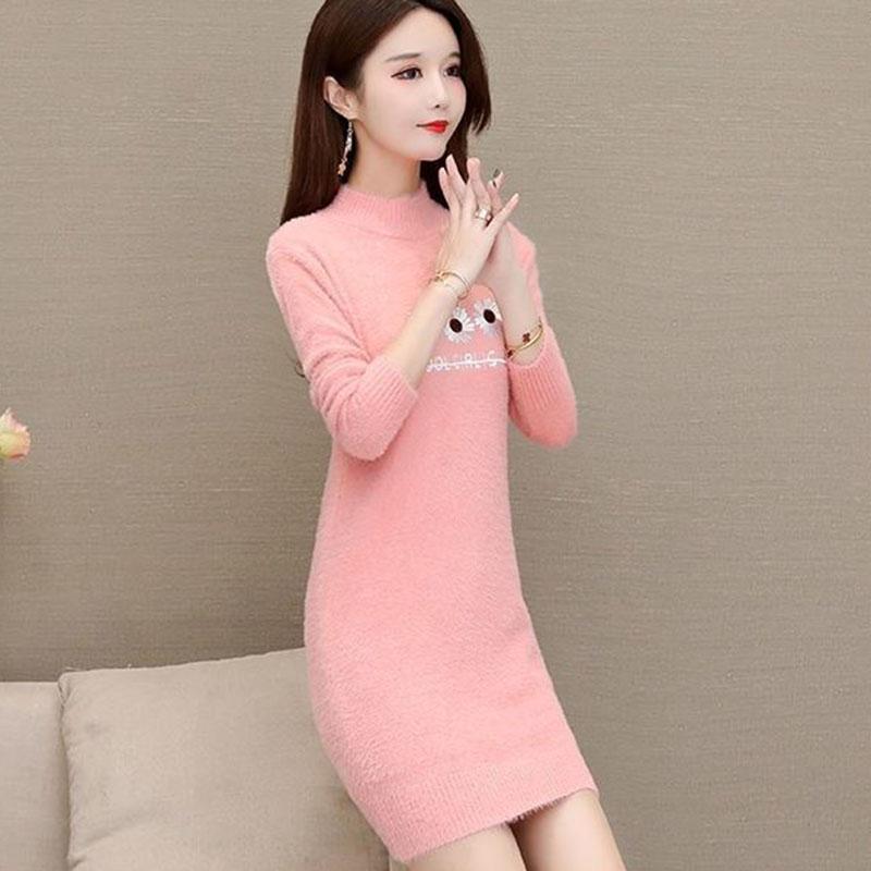 Autumn and Winter Mohair Knitted Sweater Half High Neck Thick Loose Bottoming Shirt Mid-length Casual Women Sweater Dress