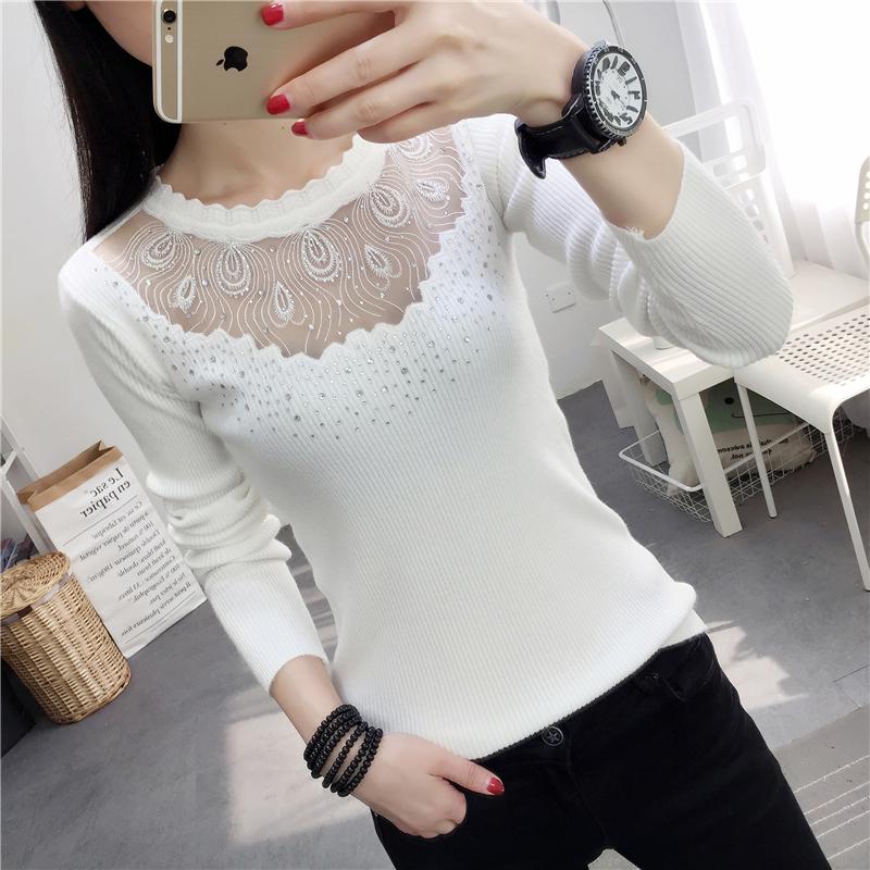 Pofulove Sexy Lace Openwork Bottom Shirt Long Sleeve Slim Round Neck Sweater Lady Sweater Pullover