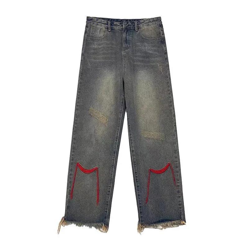 Retro Jeans Men's and Women's Red Thread Embroidery High Street Country Tide Wash Design Sense Straight Pants Personality Raw Edge Tide Pants