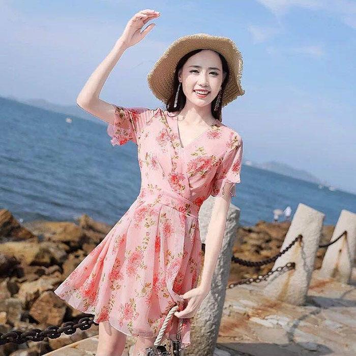 Pofulove Women Chiffon Floral Short-sleeved Dress Slim Short Sun-dresses Vacation Pink Beach Skirt