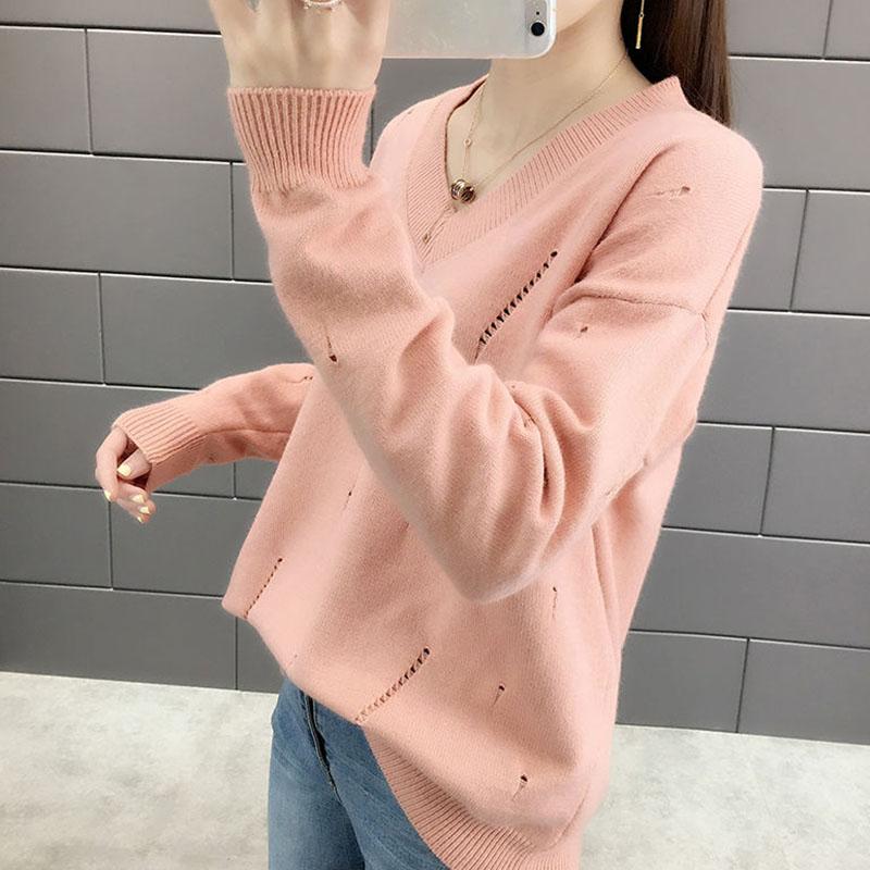 Spring and Autumn Loose V-neck Sweater Solid Color Hollow Top Long Sleeve All-match Female Top