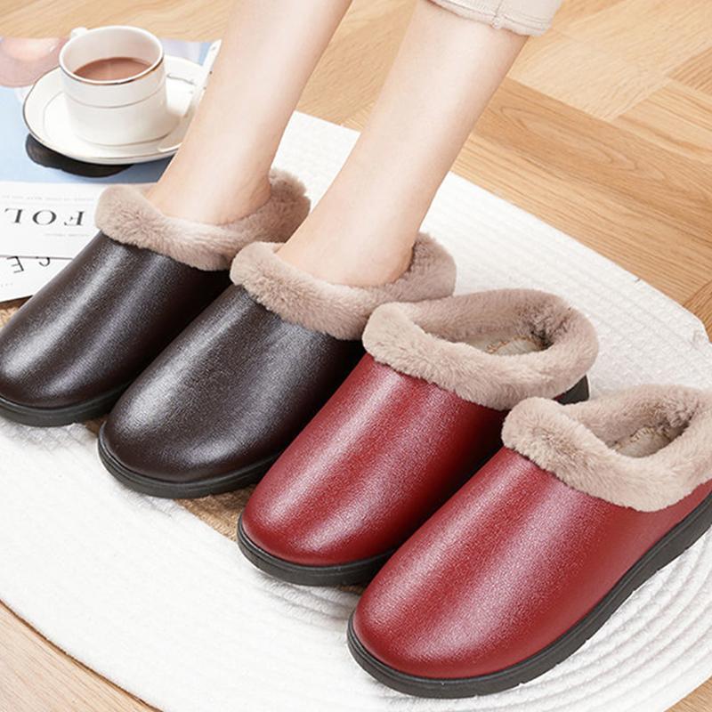 PU Cotton Slippers for Fall Winter Men's Women's Home Shoes Thick-soled Cotton Slippers with Waterproof and Non-slip Outer Wear