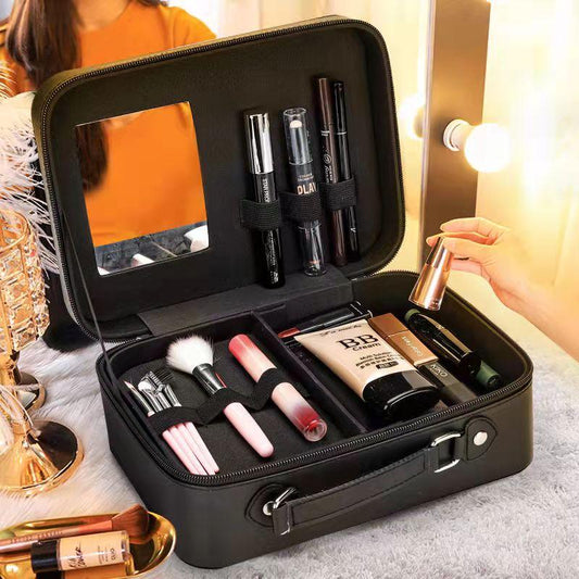 Large Capacity with Mirror Cosmetic Case Portable Makeup Case Travel Portable Cosmetic Storage Case Makeup Bag Organizer Pink Toiletry Bag