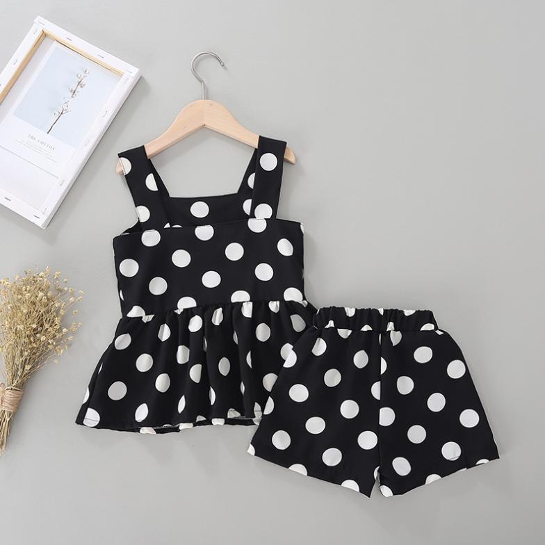 Children's Suit Girls Summer Korean Style Polyster Dot Sling Sleeveless Skirts Shorts Two Piece Set