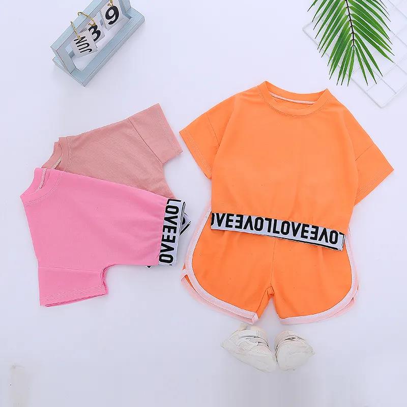 Children's Short-sleeved Suit Girls Summer Sportswear Shorts Solid Color Casual Wear