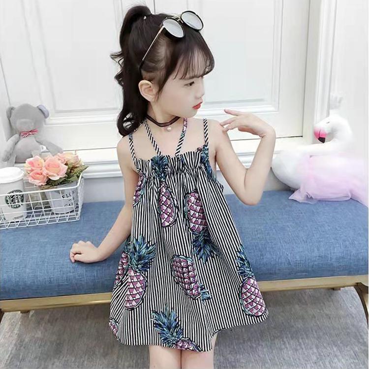 Children's Dress Girl's Suspender Dress Korean Version of Printed Fruit Striped Dress Backless Beach Princess Dress