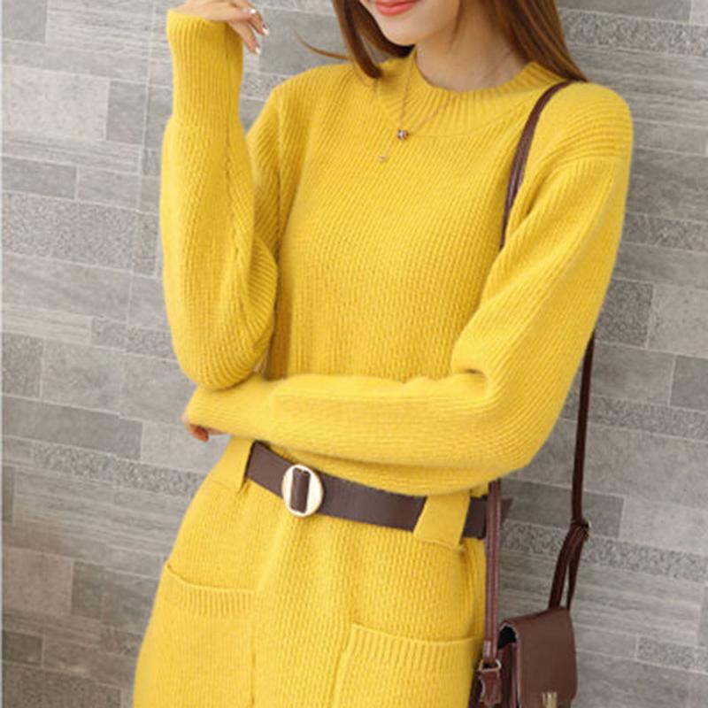 Korean Style Loose Outer Wear Mid-length Sweater Women Waist Slim Half Turtleneck Long Sleeve Autumn  Winter Base Sweater Dress