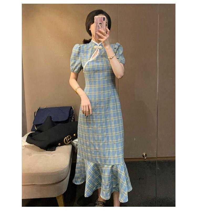 Improved Version of Cheongsam Female Summer Puff Sleeve Retro Plaid Dress with Waist and Thin Temperament Chinese Style