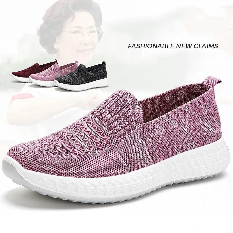 Women's Slip on Flat Shoes Non-slip Soft Bottom Breathable Mesh Knitted Sneakers Casual Sports Shoes Spring and Autumn Outdoor Walking Shoes