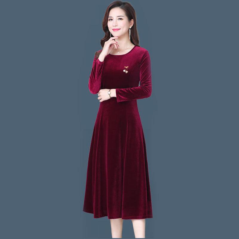 Dress Round Neck Gold Velvet Women's Mid-length Slim Fit Covering Belly Plus Size Mother Skirt Women's Clothing